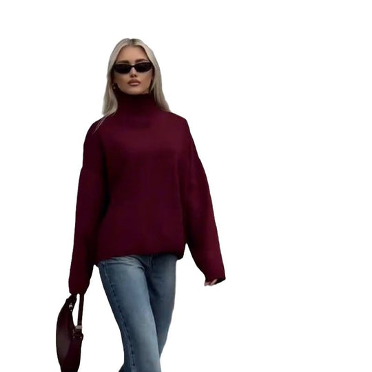 Damen Oversized Pullover mit hohem Kragen aus hochwertiger Baumwolle EB