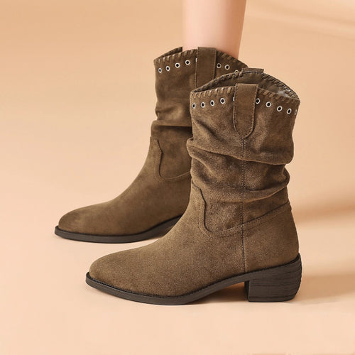 Damen modische Stiefeletten im Antik-Look mit dekorativen Nieten und flexiblem Schaft EB