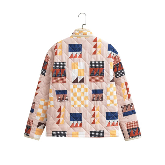 Damen gesteppte Übergangsjacke mit buntem Patchwork-Muster und großen Taschen EB