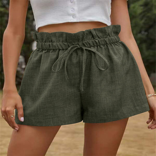 Damen luftige Leinen-Shorts mit elastischem Bund und Kordelzug EB