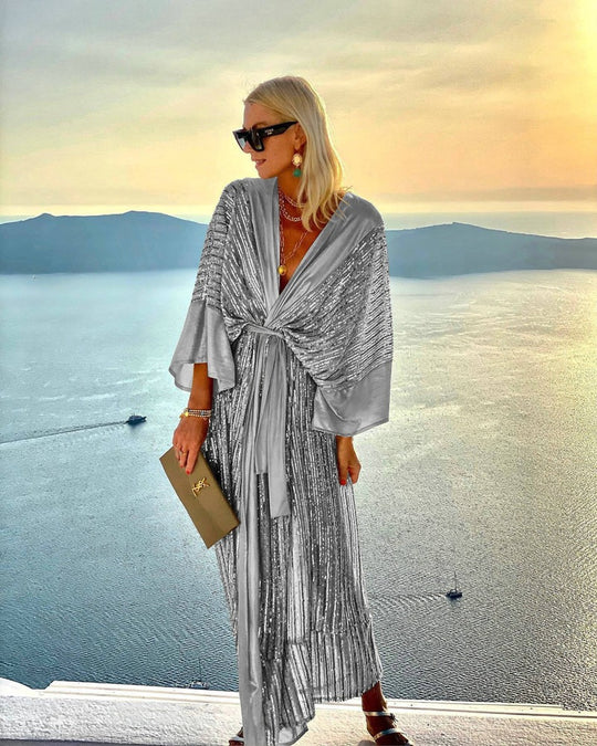 Damen Glitzerndes Maxikleid mit elegantem Wickeldesign und fließenden Ärmeln EB
