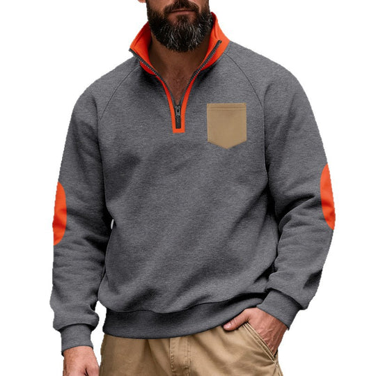 Herren nan Quarterzip-Sweatshirt mit Stehkragen, kontrastiertem Reißverschluss, Ellbogenpatches und Brusttasche EB