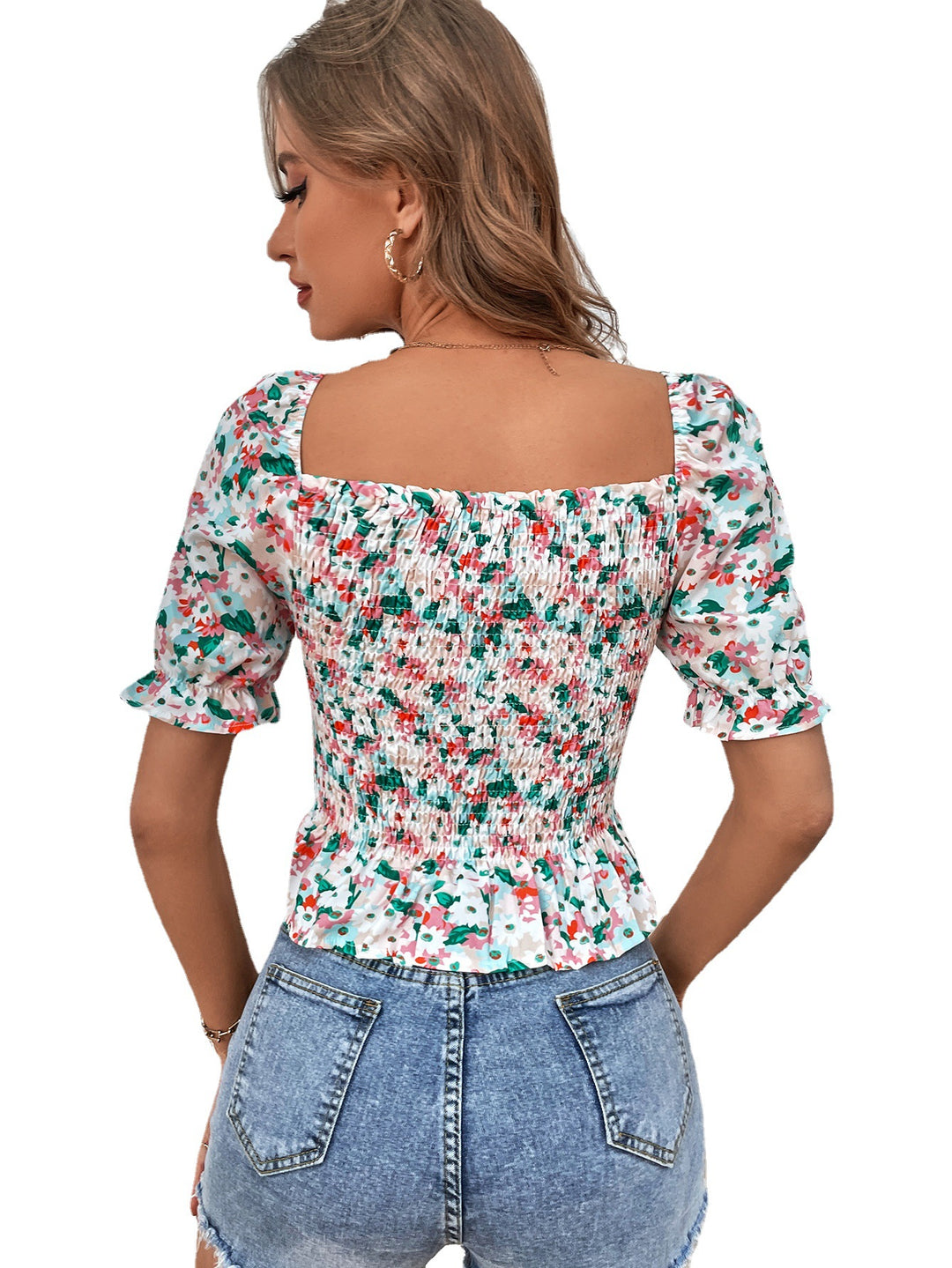 Damen Rüschentop mit Blumenmuster und schulterfreiem Design EB