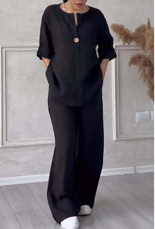 Damen nan lässiges Leinen-Relax-Set mit weiter Hose und Hemdbluse EB