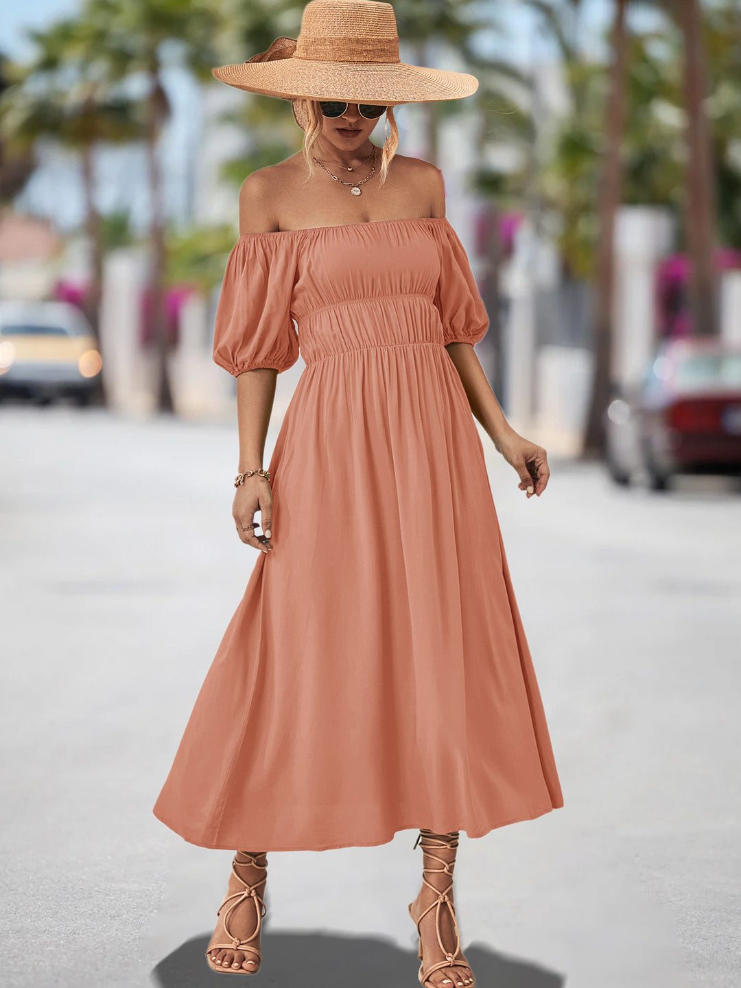 Damen Off-Shoulder Maxikleid mit voluminösen Puffärmeln und elastischem Taillenband EB