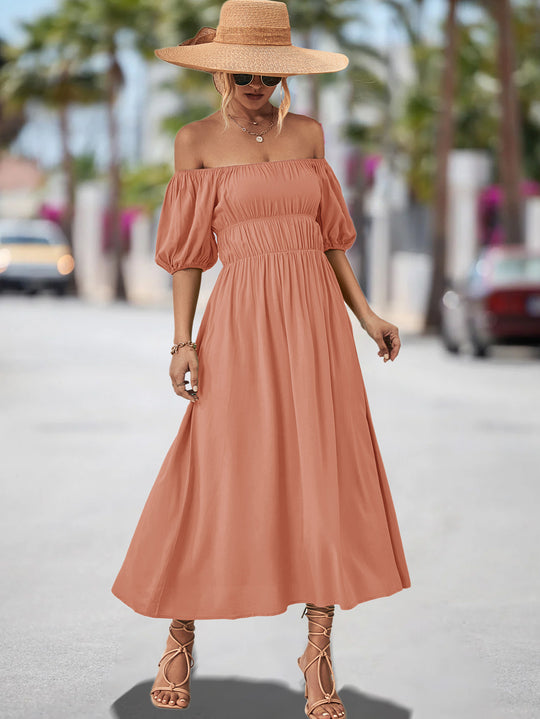 Damen Off-Shoulder Maxikleid mit voluminösen Puffärmeln und elastischem Taillenband EB
