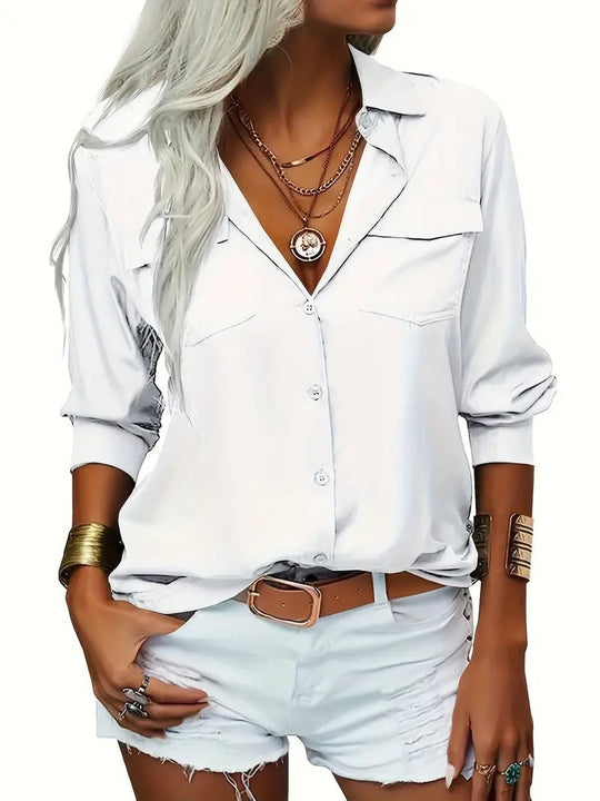 Damen nan leichte V-Ausschnitt Chiffonbluse mit Brusttaschen und geknöpftem Frontverschluss EB