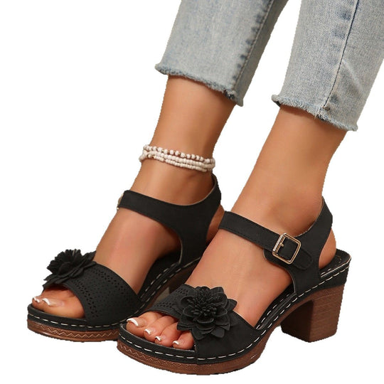 Damen elegante Riemchen-Sandalen mit floralem Design und Absatz EB