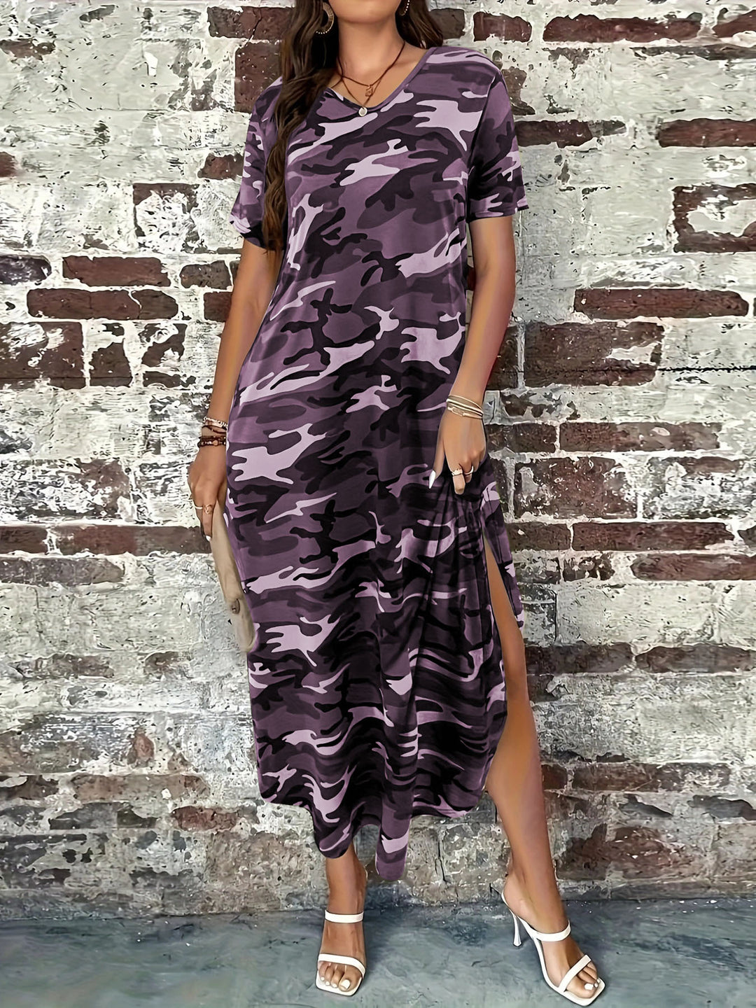 Damen Maxi-Kleid mit modernem Camouflage-Design und praktischen Taschen EB