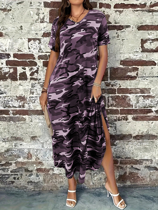 Damen Maxi-Kleid mit modernem Camouflage-Design und praktischen Taschen EB