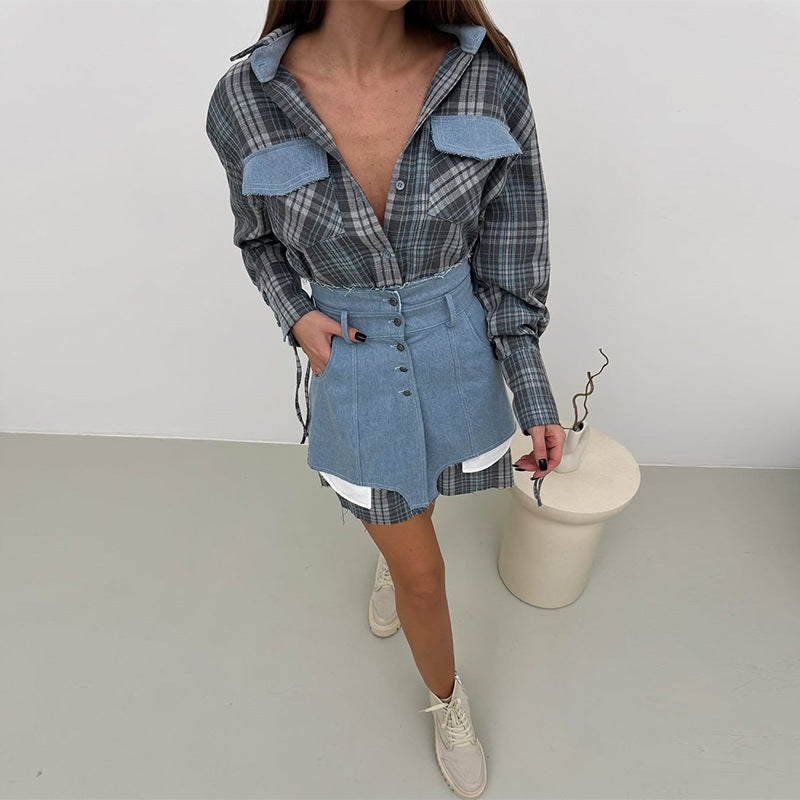 Damen modisches Hemdblusenkleid mit Denim-Elementen EB
