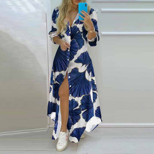 Damen Maxikleid mit Aufdruck im Zeitungslayout und seitlichem Schlitz EB