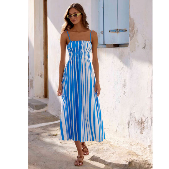 Damen Sommerliches Maxikleid mit schmalen Trägern und raffiniertem Streifenmuster EB