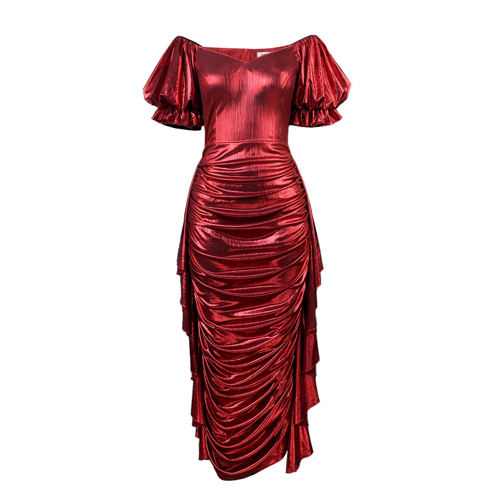 Damen Glamouröses Midi-Kleid mit extravaganten Puffärmeln und Drapierung EB