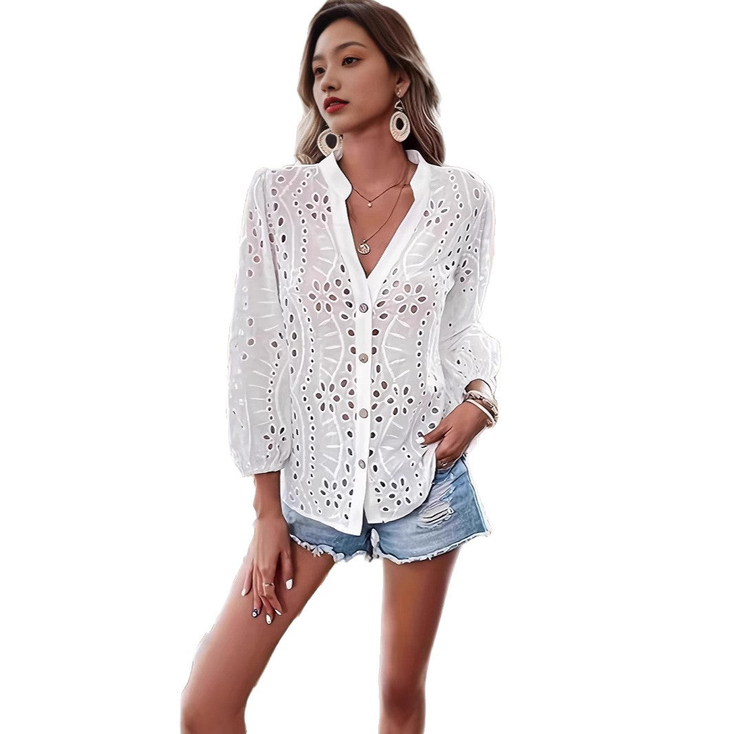Damen Bluse mit Lochmuster und langen Puffärmeln EB