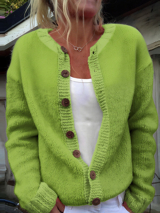 Damen nan kuscheliger Strickcardigan mit Zierholzknöpfen und Rundhalsausschnitt EB
