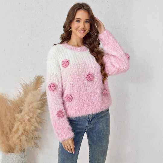 Damen Fluffiger Strickpullover mit floralem Design EB