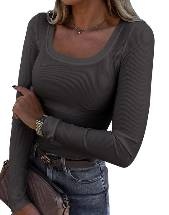 Damen Langarm Ripp-T-Shirt mit elegantem U-Boot-Ausschnitt EB