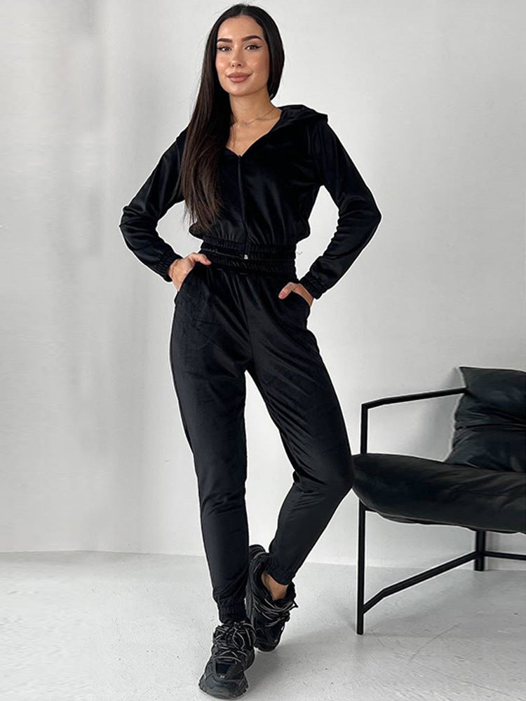 Damen Sportliches Fleece-Loungewear-Set mit Kapuze und tailliertem Schnitt EB