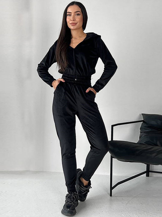 Damen Sportliches Fleece-Loungewear-Set mit Kapuze und tailliertem Schnitt EB