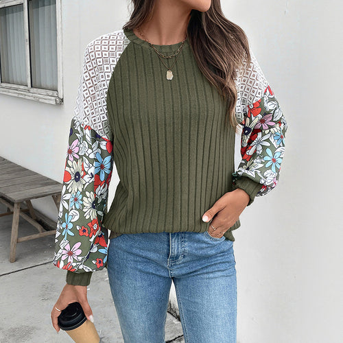 Damen modischer Pullover mit floralem Ärmel-Detail und strukturiertem Stoff EB