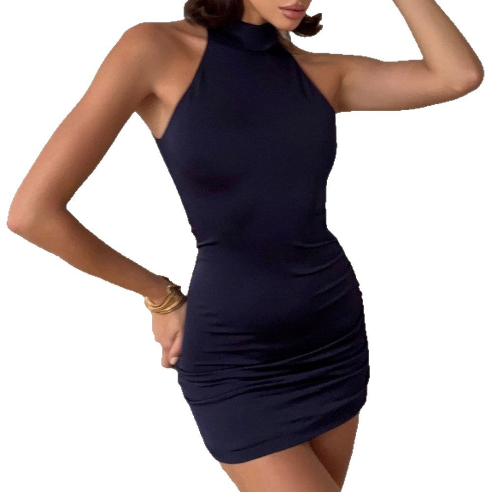 Damen enganliegendes Minikleid mit mock-neck Design und Raffung EB