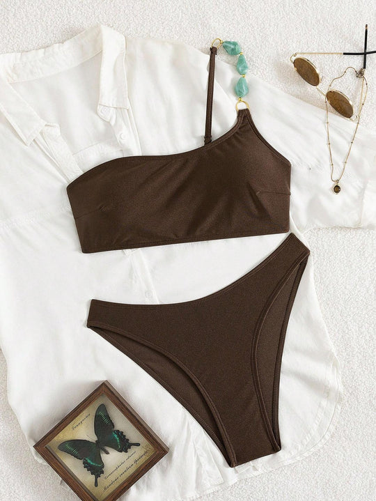 Damen One-Shoulder-Bikini-Set mit modischem Schmuckdetail EB