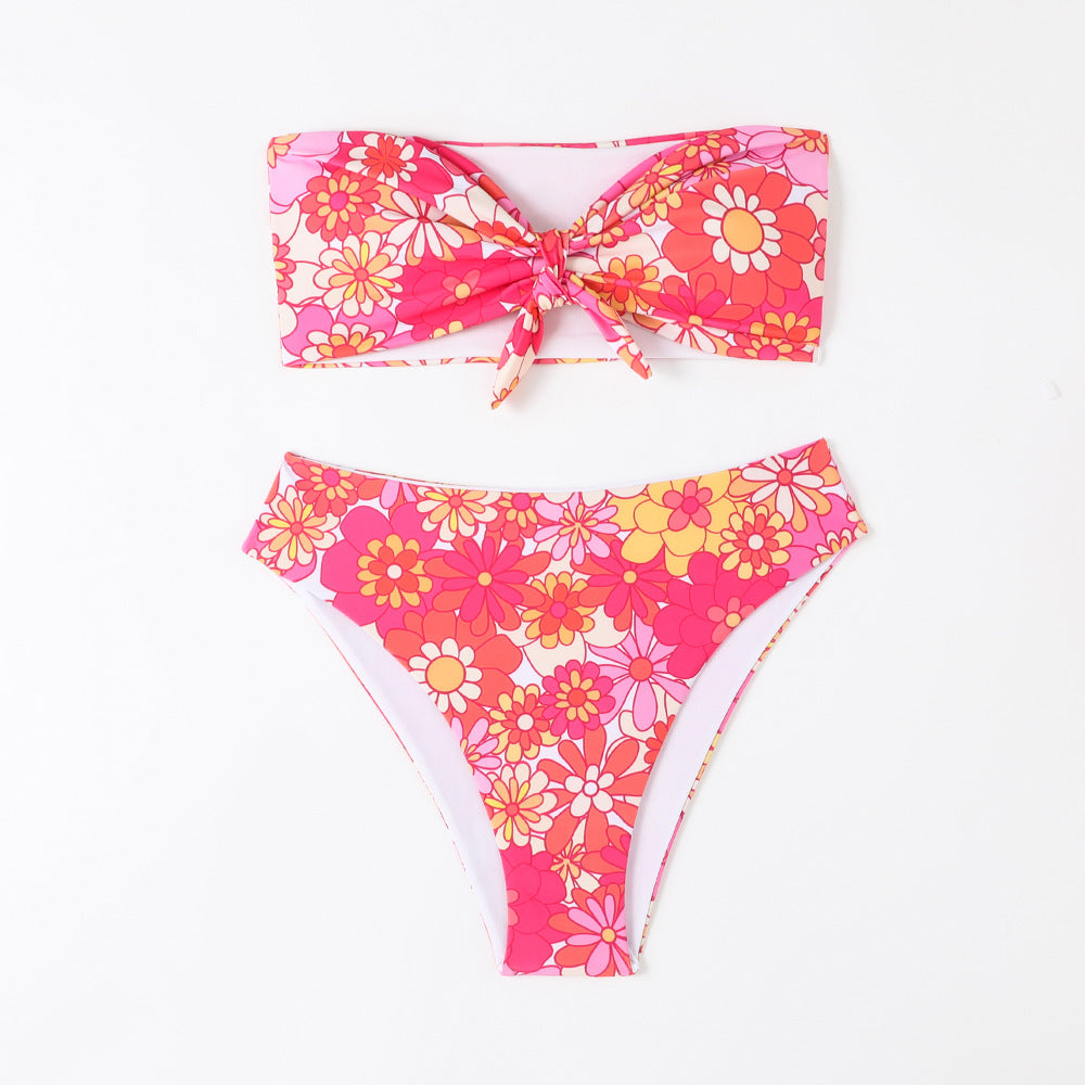 Damen Bandeau Bikini mit modischem Blumenmuster und verspieltem Knotendetail EB