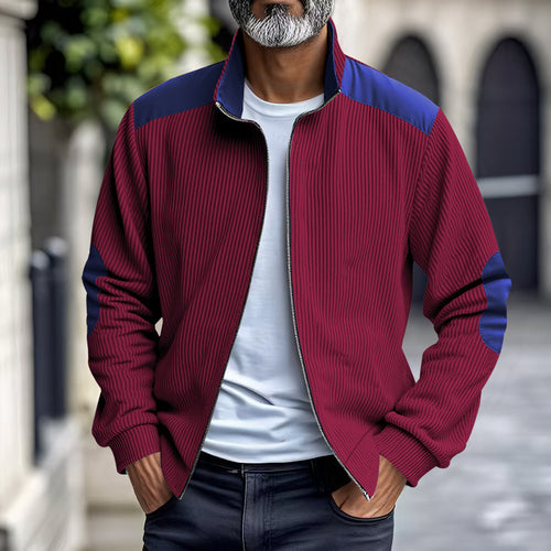 Herren nan gerippte Stehkragen-Sweatjacke mit durchgehendem Reißverschluss, Schulter- und Ellbogen-Patches EB