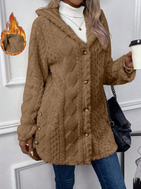 Damen Kuschelige Jacke mit Kapuze und Knopfdetails EB