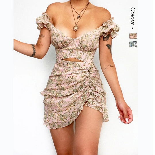 Damen Minikleid mit schulterfreiem Design und floralem Rüschensaum EB
