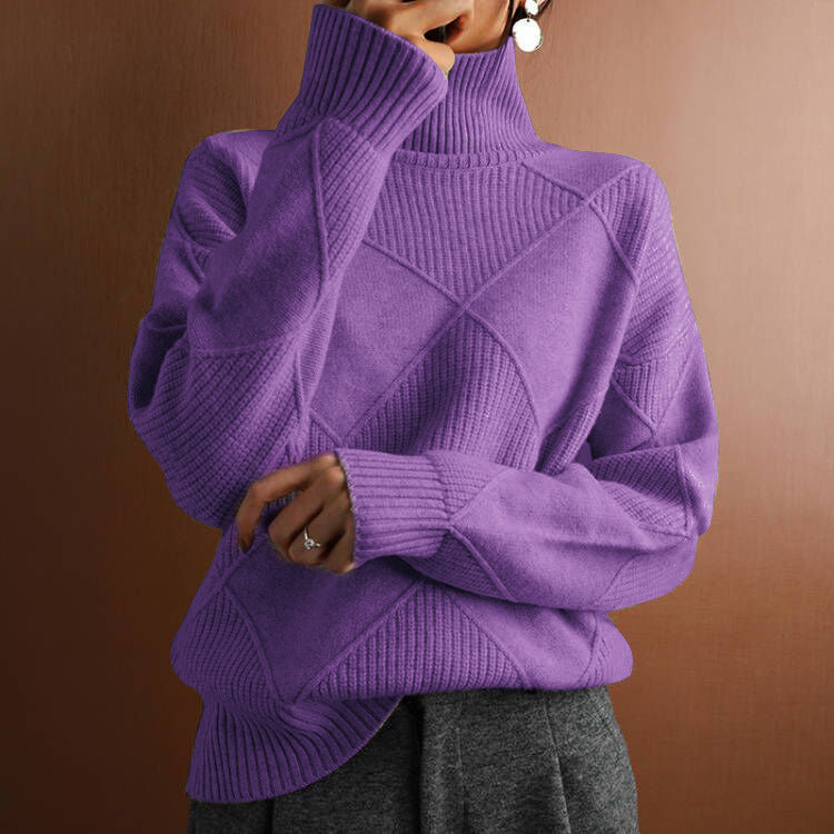 Damen nan weit geschnittener Strickpullover mit hohem Rollkragen und Rautenmuster EB