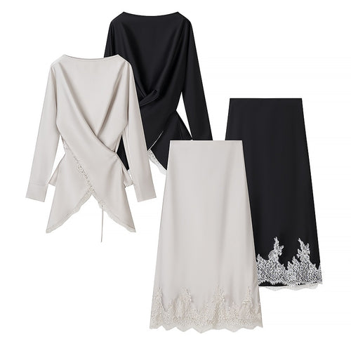 Damen elegante Wickelbluse mit Spitzenbesatz und passendem Rock EB