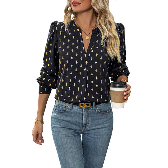 Damen elegante Bluse mit grafischem Muster und V-Ausschnitt EB