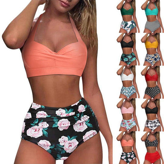 Damen Hochtaillierter Karobikini mit gerafftem Oberteil EB