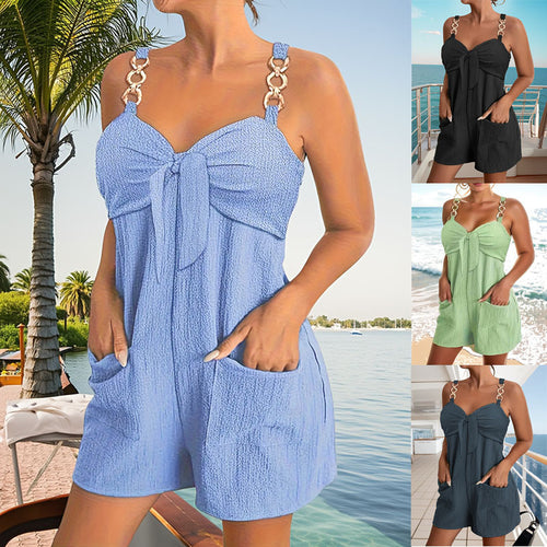 Damen Freizeit Jumpsuit mit dekorativen Schulterträgern und praktischen Taschen EB