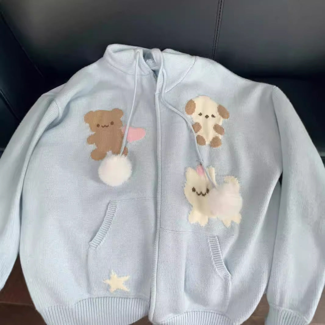Damen Kapuzenjacke mit verspielten Tiermotiven und Pompoms EB