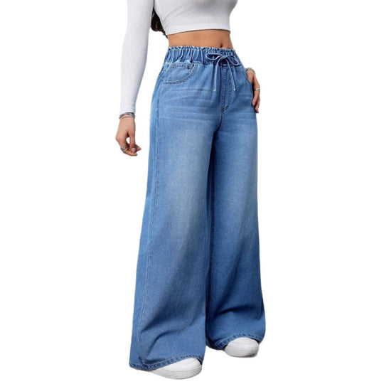 Damen Hochtaillierte Weite Jeans mit bequemem Kordelzug EB