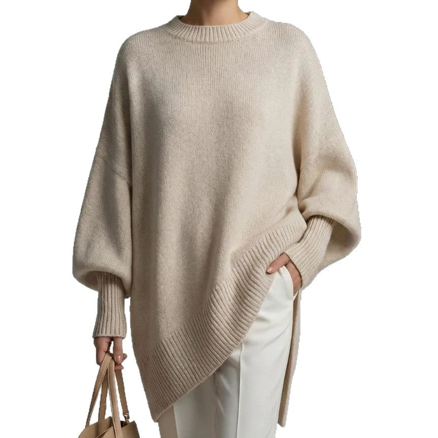 Damen Oversize Longline Feinstrick-Pullover mit Raglanärmeln und geripptem Saum EB