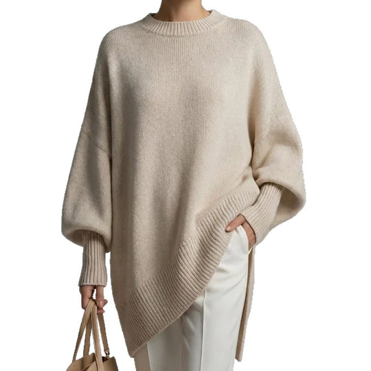 Damen Oversize Longline Feinstrick-Pullover mit Raglanärmeln und geripptem Saum EB