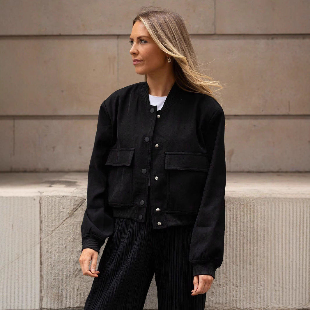 Damen lässige Kunstlederjacke mit praktischen Taschen und elastischen Bündchen EB