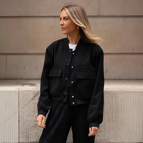 Damen lässige Kunstlederjacke mit praktischen Taschen und elastischen Bündchen EB