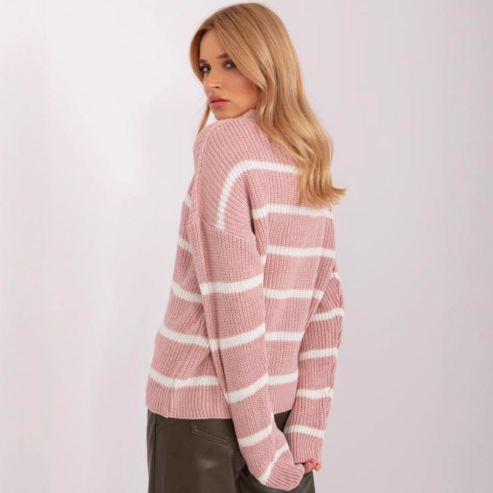 Damen lässiger Strickpullover mit modernem Streifenmuster und weitem Schnitt EB