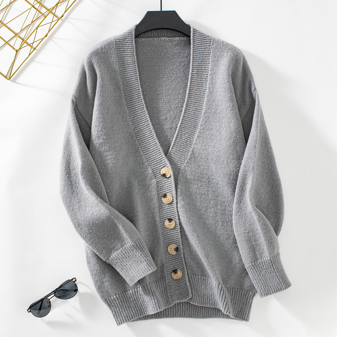 Damen gemütliche Strickjacke mit Knopfdetails und tiefem V-Ausschnitt EB
