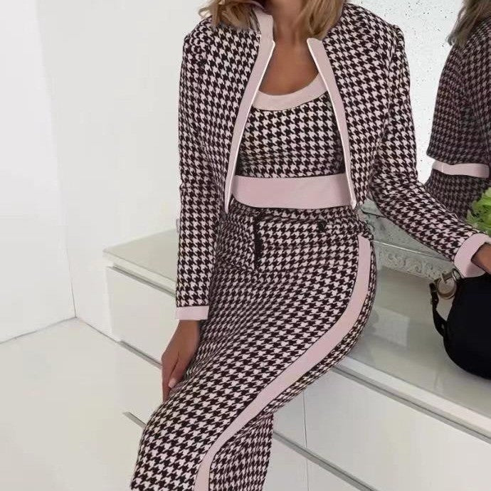 Damen Stilvolles Blazer-Kleid-Set mit grafischem Muster und tailliertem Schnitt EB