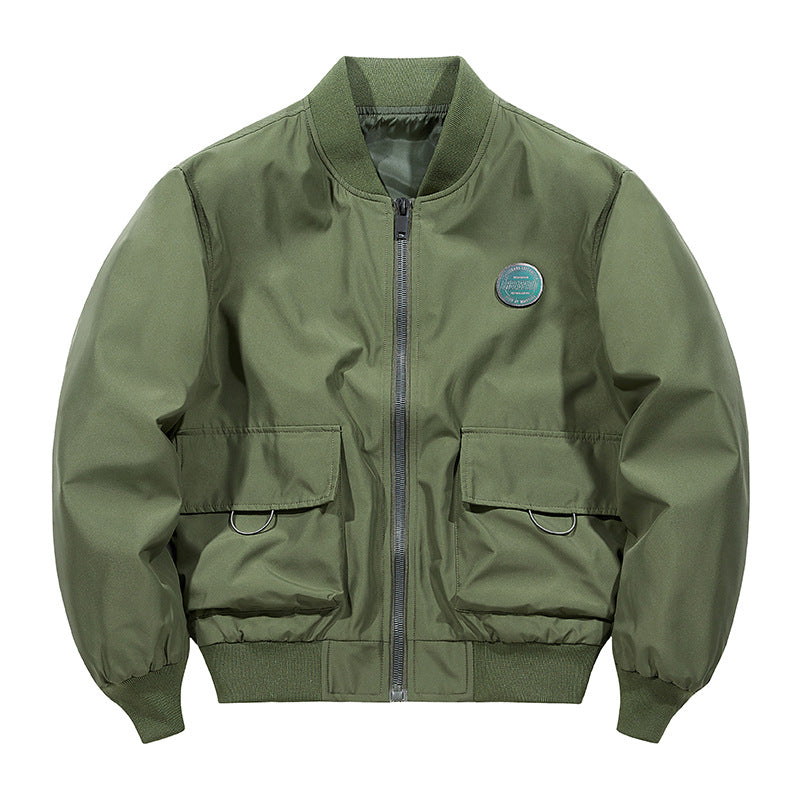 Men's  short-length military-inspired zip bomber jacket with dual flap cargo pockets and D-ring accents EB