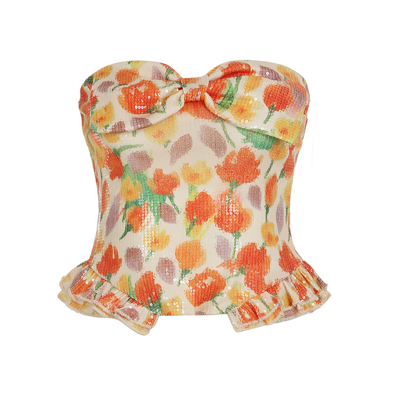 Damen Bustier-Top mit floralem Glitzerdesign und Rüschensaum EB