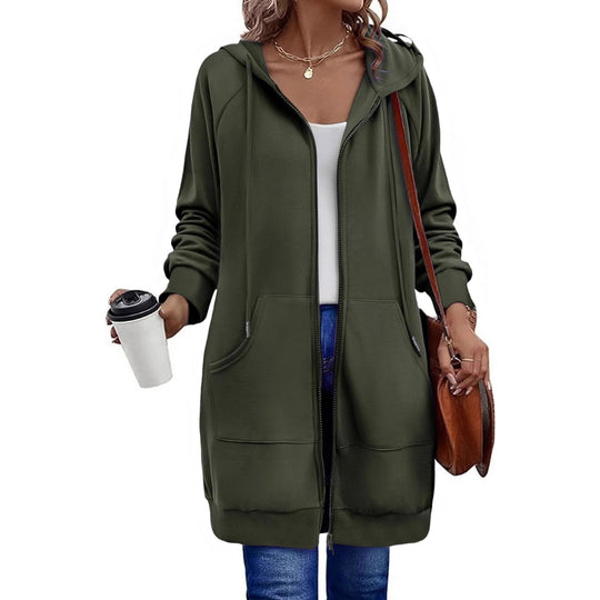 Damen Lange Kapuzenjacke mit Reißverschluss und praktischen Taschen EB