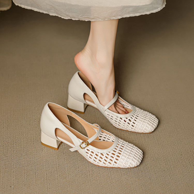 Damen elegante Mary Jane Pumps mit modischem Geflecht und bequemem Blockabsatz EB