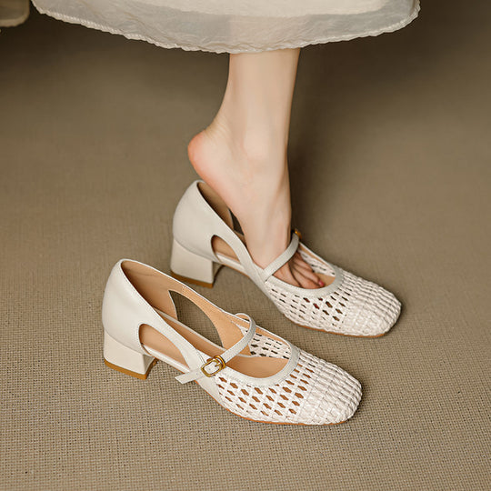 Damen elegante Mary Jane Pumps mit modischem Geflecht und bequemem Blockabsatz EB